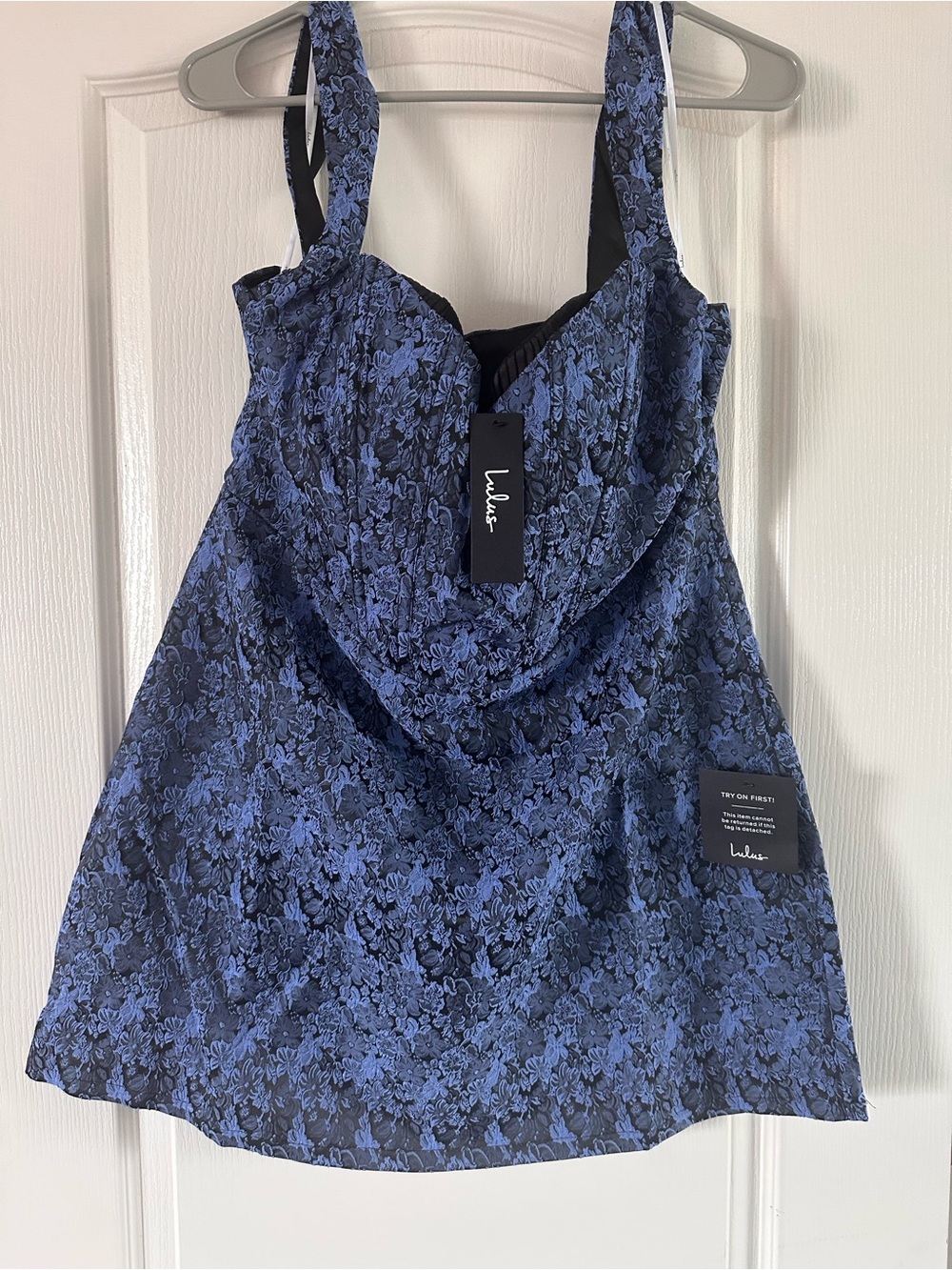 Lulus Dark Blue Jacquard Floral Mini Dress - Size XL